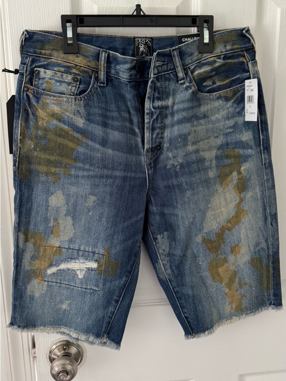 PRPS Distressed Blue Denim Shorts with Paint-Splatter Detail